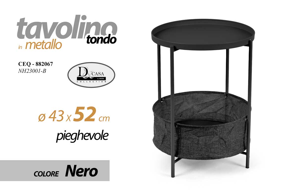 8025569882067 TAVOLO TAVOLINO TONDO CON RIPIANO CESTA METALLO MODERNO PIEGHEVOLE 43*43*h52cm - immagine 1