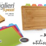 Set tagliere cucina legno bamboo + 4 taglieri plastica taglio salvaspazio 38x28