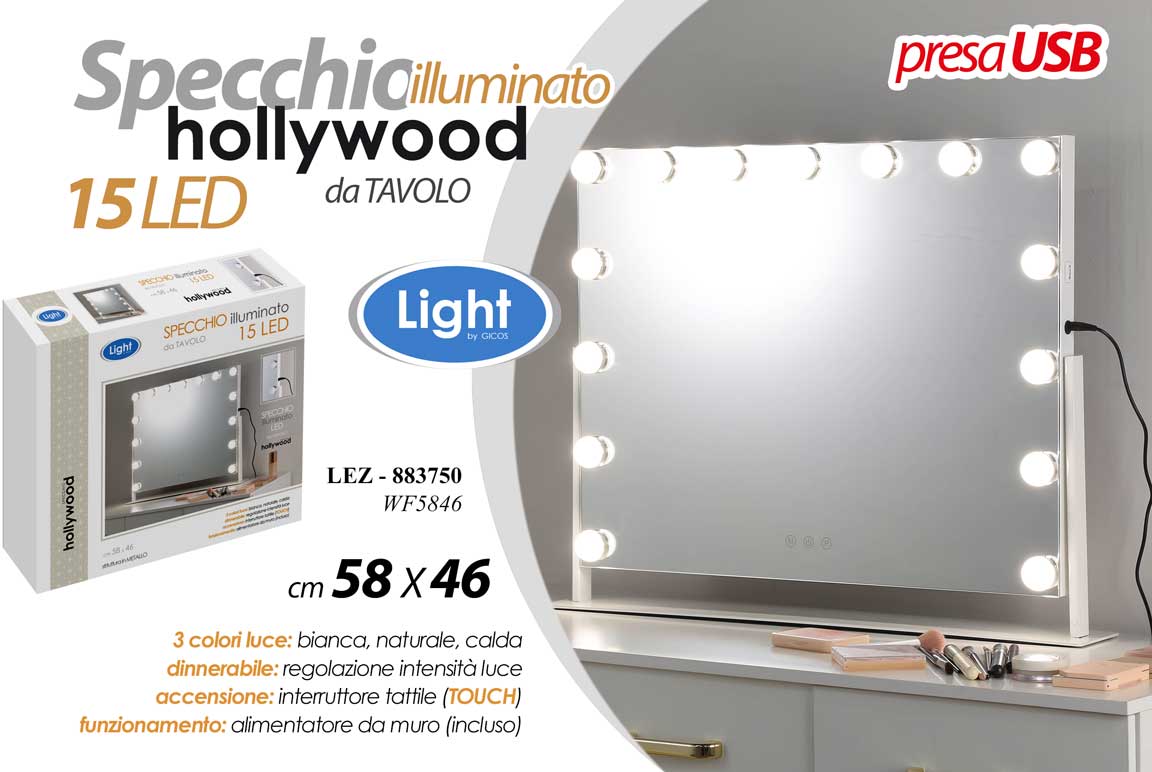 8025569883750 SPECCHIO ILLUMINATO DA TAVOLO DIMMERABILE 15 LUCI LED REGOLABILI TOUCH 58*46 CM - immagine 1