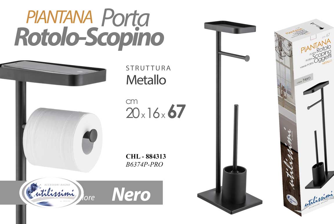 8025569884313 Piantana Portarotolo PortaScopino Da Terra PIANO PORTA TELEFONO WC WATER METALLO - immagine 1