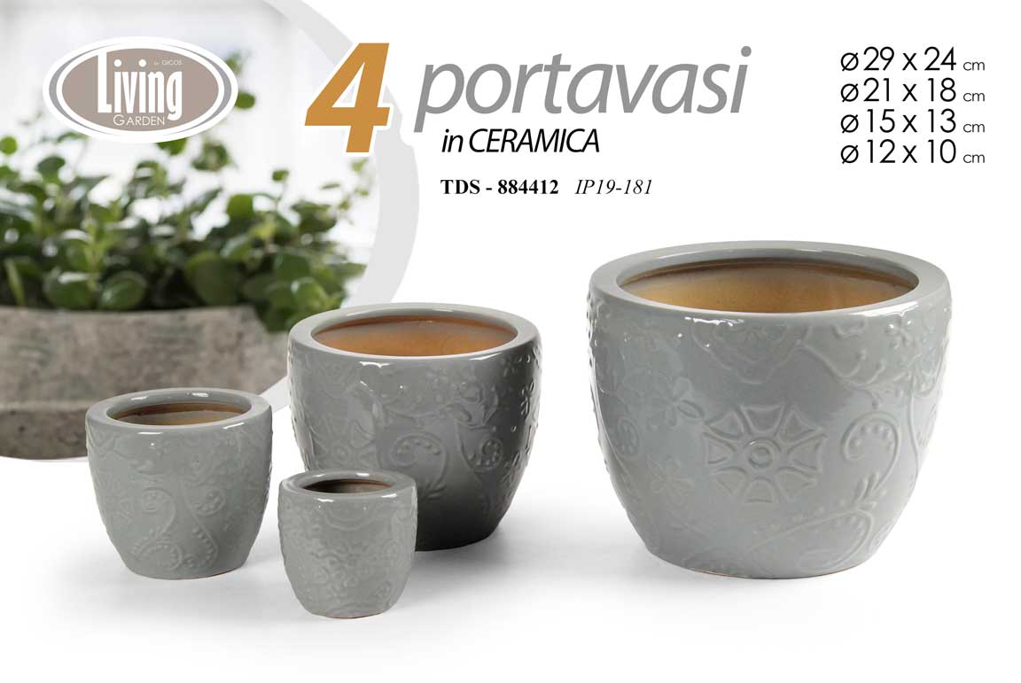 8025569884412 4 VASI CACHEPOT CERAMICA MODERNO CLASSICO VINTAGE VASO DECO GRIGIO 29/21/15/12 - immagine 1