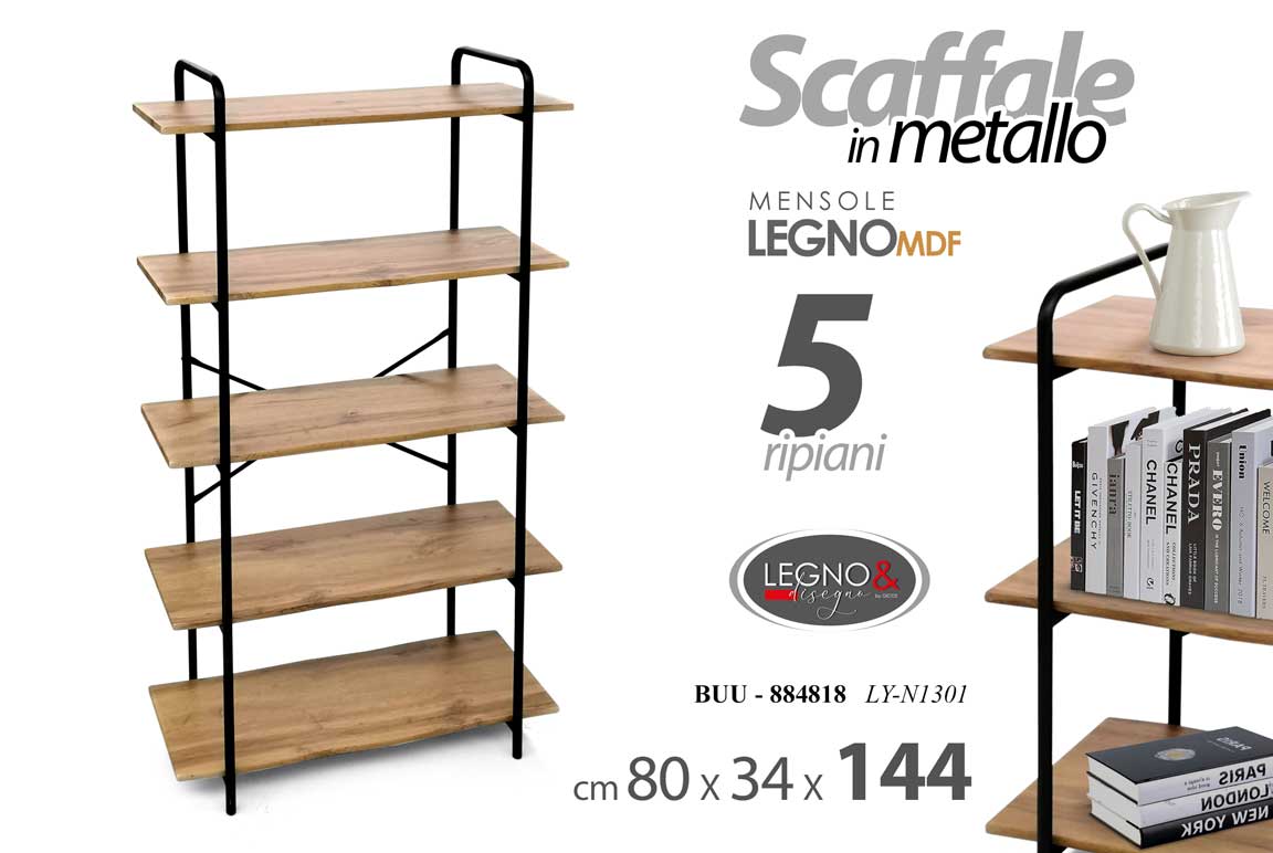 8025569884818 SCAFFALE LIBRERIA METALLO 5 RIPIANI LEGNO MODERNO Casa Ufficio Bagno 144*80*34cm - immagine 1