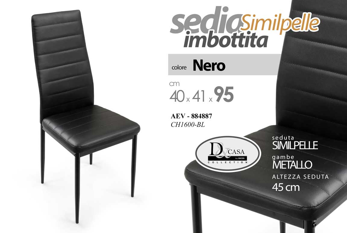 8025569884887 SEDIA NERA ECOPELLE METALLO NERO IMBOTTITA SALA PRANZO CUCINA UFFICIO 95cm - immagine 1