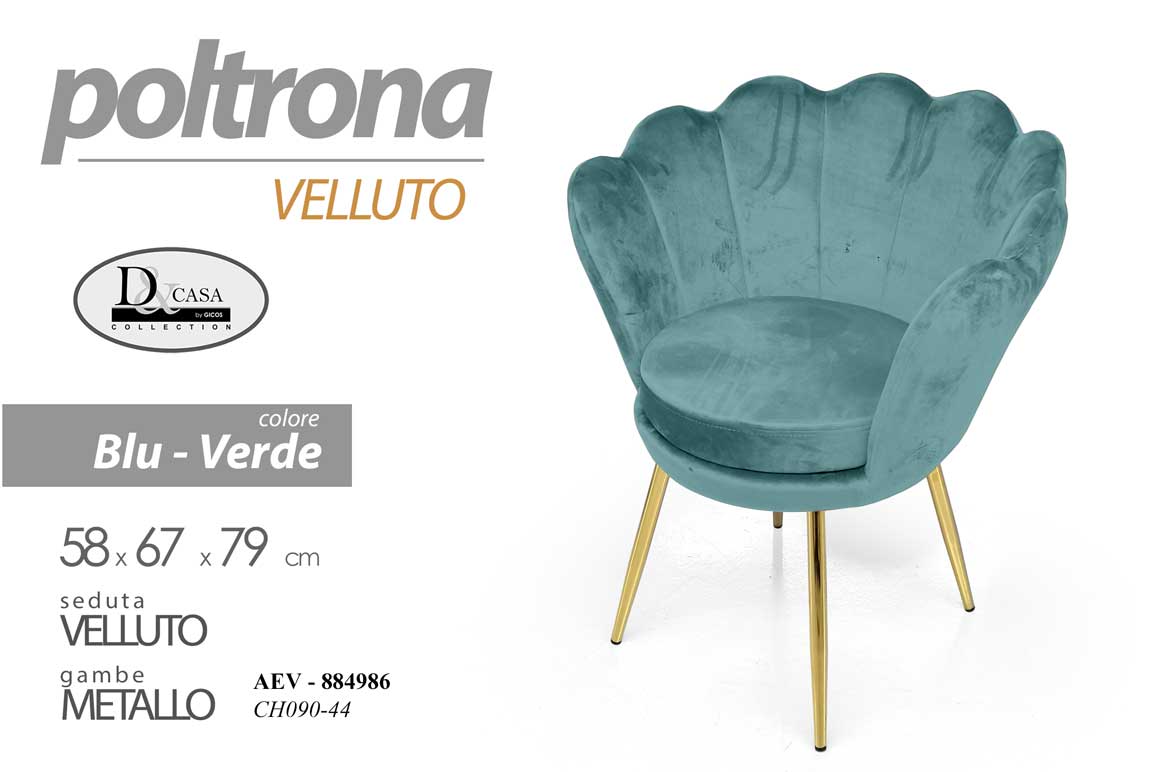 8025569884986 Poltrona relax a conchiglia VELLUTO METALLO DESIGN CLASSICO MODERNO 80*69*60 cm - immagine 1