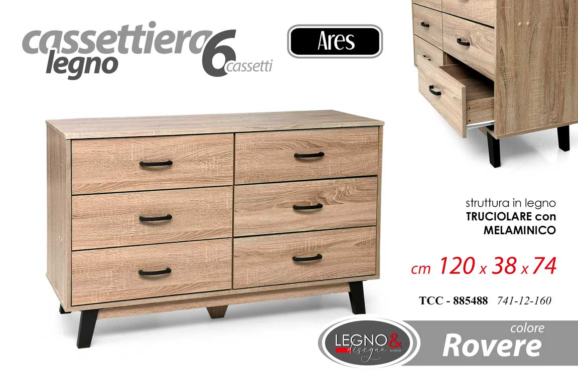 8025569885488 CASSETTIERA SALVASPAZIO 6 CASSETTI BASSA SETTIMINO MODERNO ROVERE 120*38*H74 cm - immagine 1