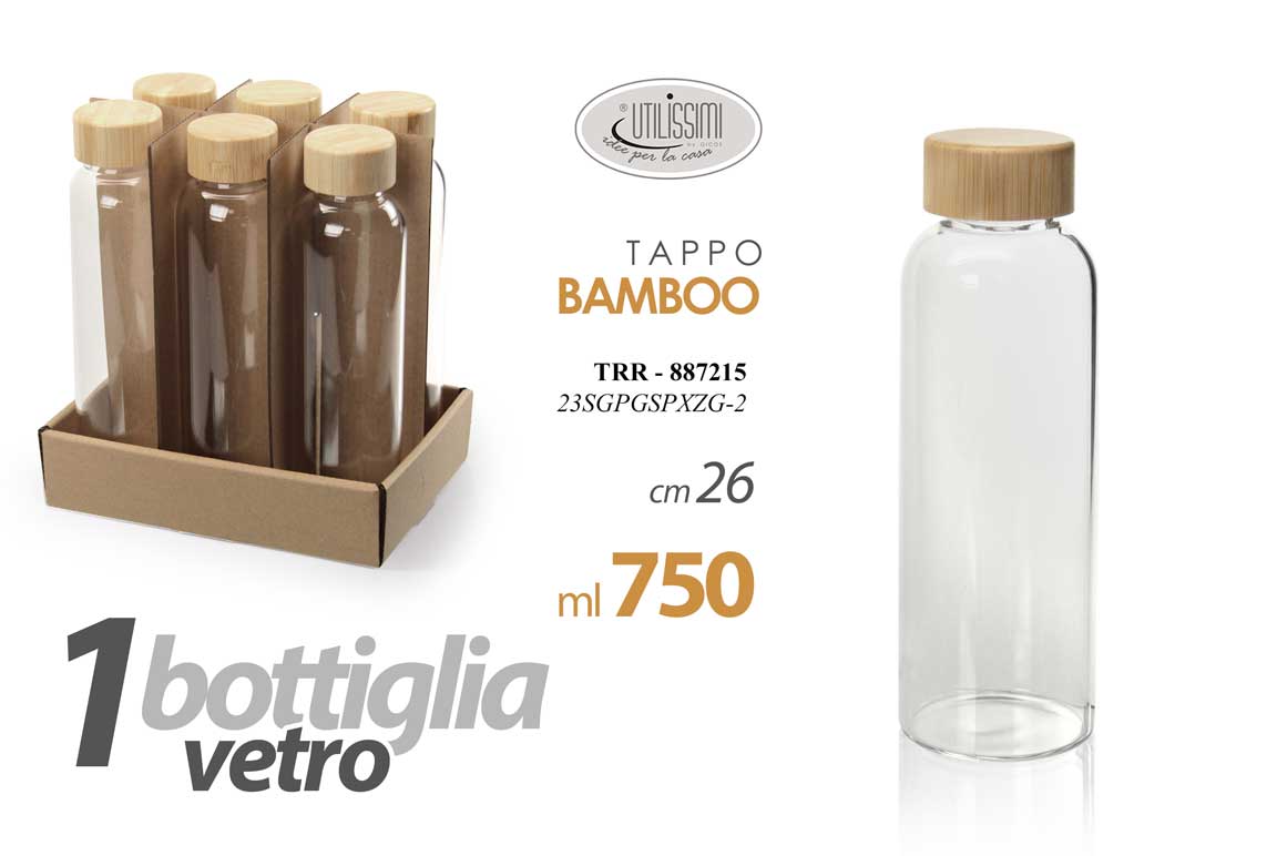 8025569887215 BOTTIGLIA IN VETRO TRASPARENTE CON TAPPO BAMBU ACQUA BEVANDE CASA 750 ML 26 CM - immagine 1