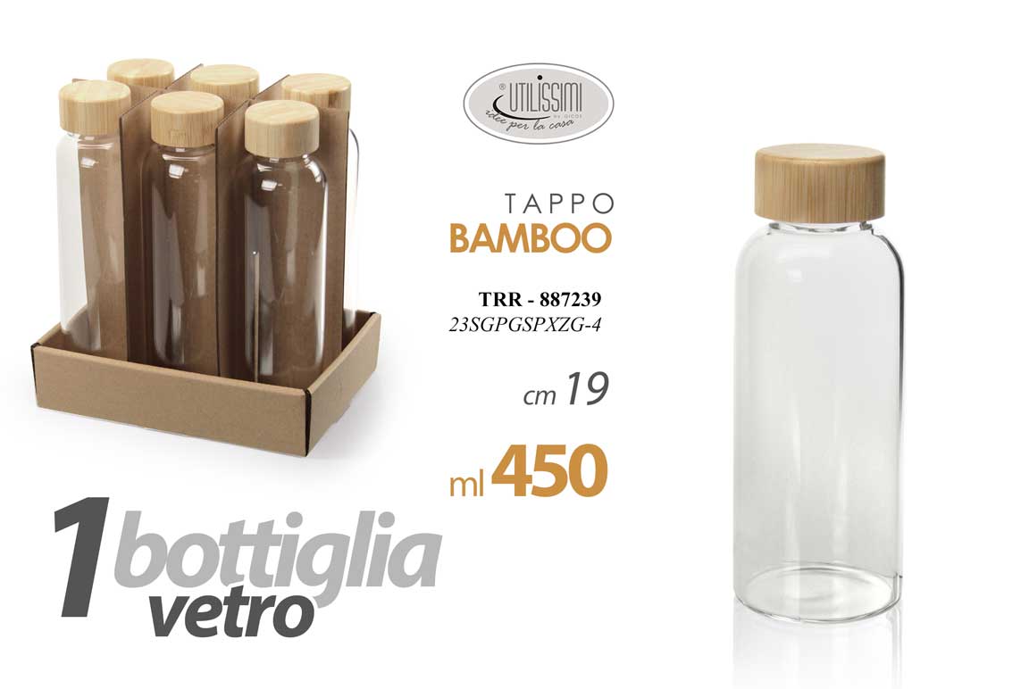 8025569887239 BOTTIGLIA IN VETRO TRASPARENTE CON TAPPO BAMBU ACQUA BEVANDE CASA 450 ML 19 CM - immagine 1