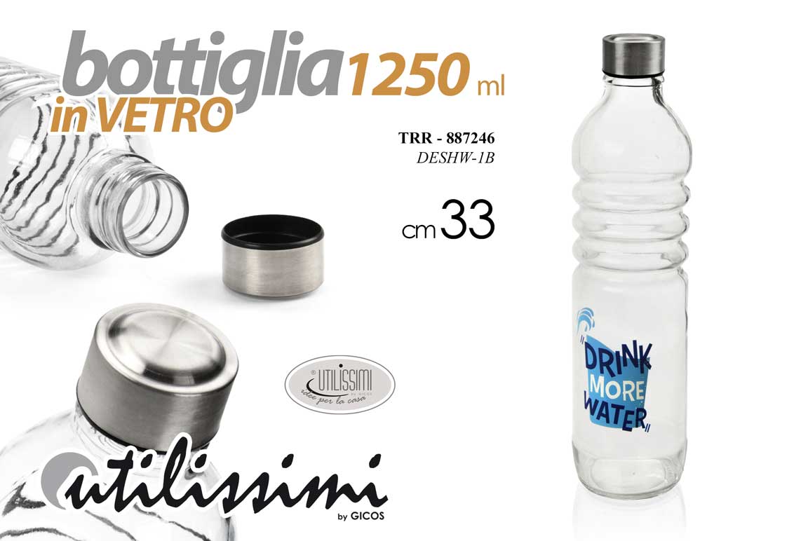 8025569887246 BOTTIGLIA IN VETRO TRASPARENTE CON TAPPO ACCIAIO ACQUA BEVANDE 1250 ML 33*9 CM - immagine 1