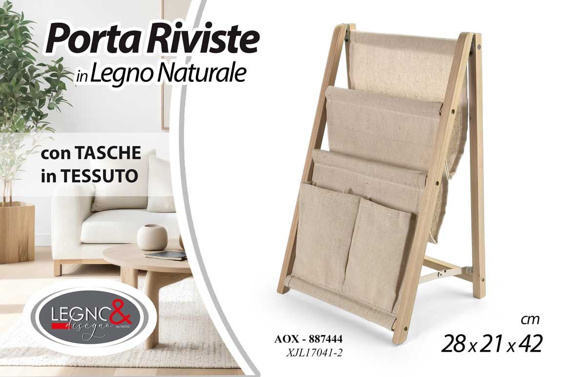 8025569887444 PORTARIVISTE IN LEGNO NATURALE TASCHE IN TESSUTO BEIGE PORTA RIVISTE 42*24*26 CM - immagine 1