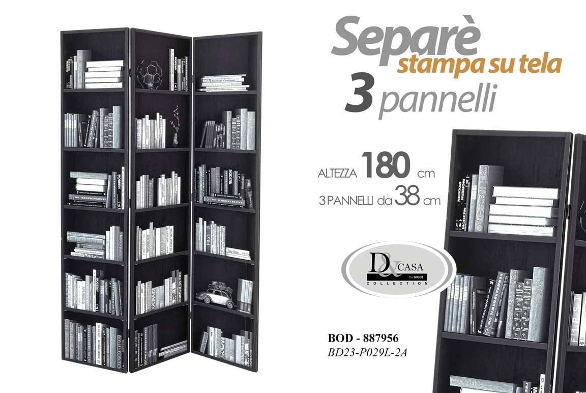8025569887956 SEPARè PARAVENTO DIVISORIO STAMPA SU TELA TEALIO LEGNO 3 PAN LIBRI DEC 180*114cm - immagine 1