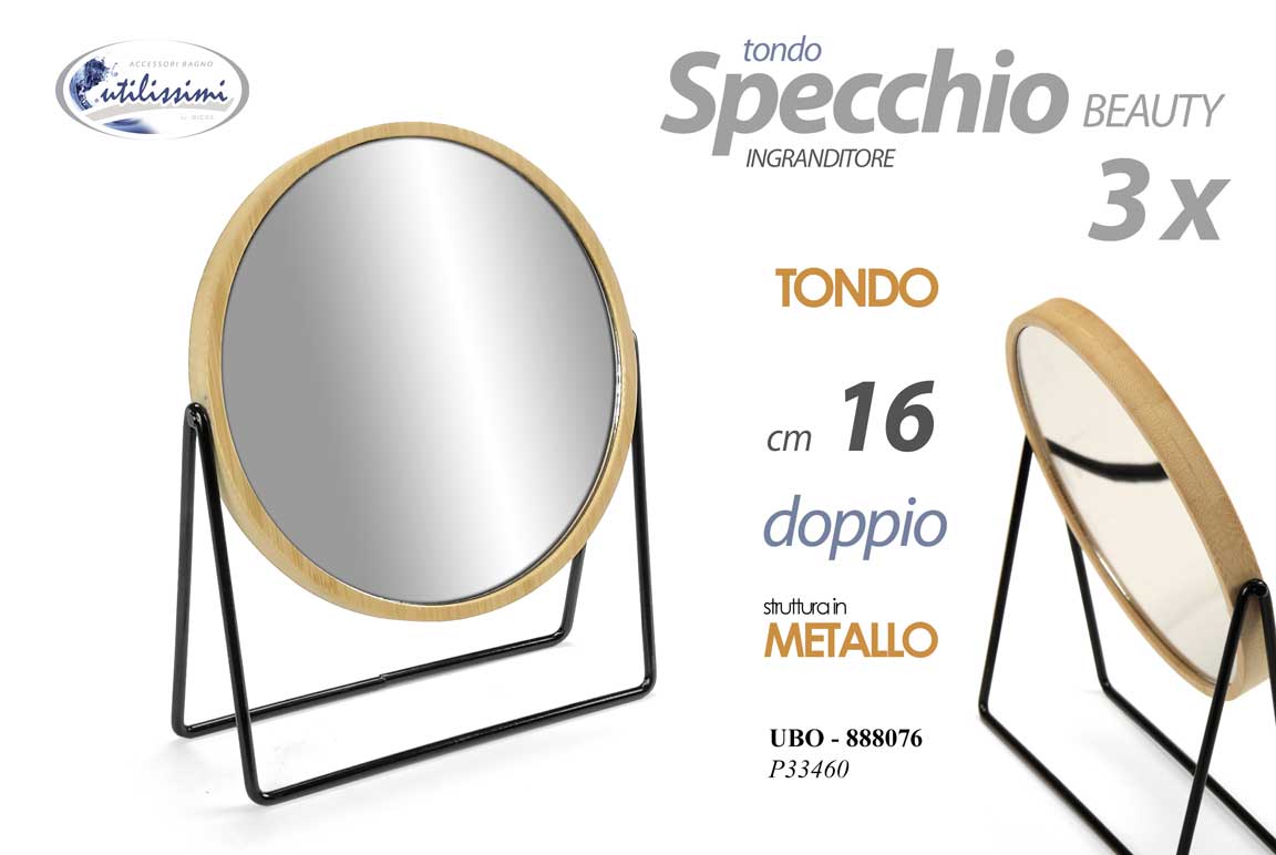 8025569888076 Specchio scrivania trucco make up bagno camera bifacciale metallo legno 16 cm - immagine 1