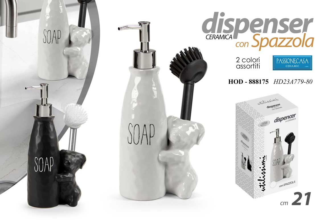 8025569888175 Dispenser sapone cucina cane con spazzola piatti organizer lavello ceramica ass - immagine 1
