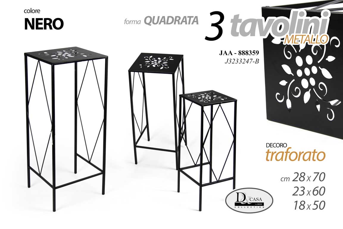 8025569888359 SET 3 COLONNINE QUADRATE TAVOLINO METALLO NERO PORTA PIANTE TRAFORATE 70/60/50cm - immagine 1