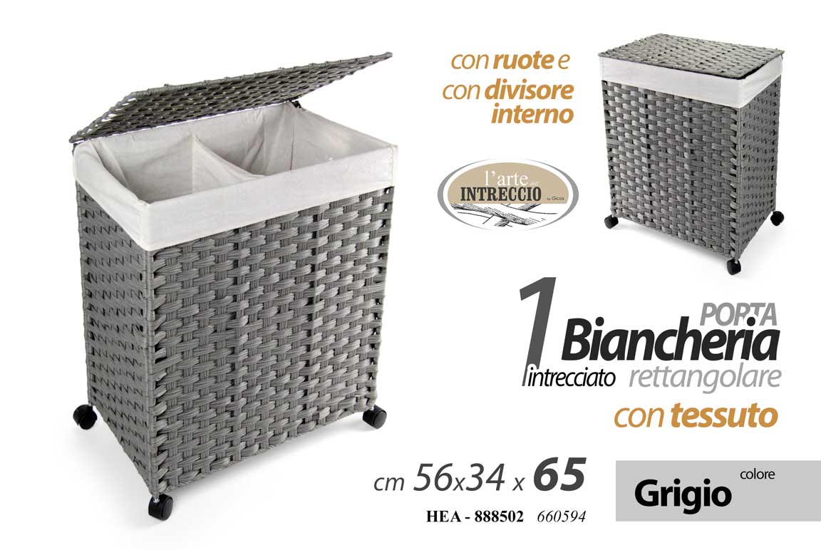 8025569888502 PORTABIANCHERIA RUOTE CESTA VESTITI 2 VANI CESTO TESSUTO INTRC GRIGIO h65*56*34 - immagine 1
