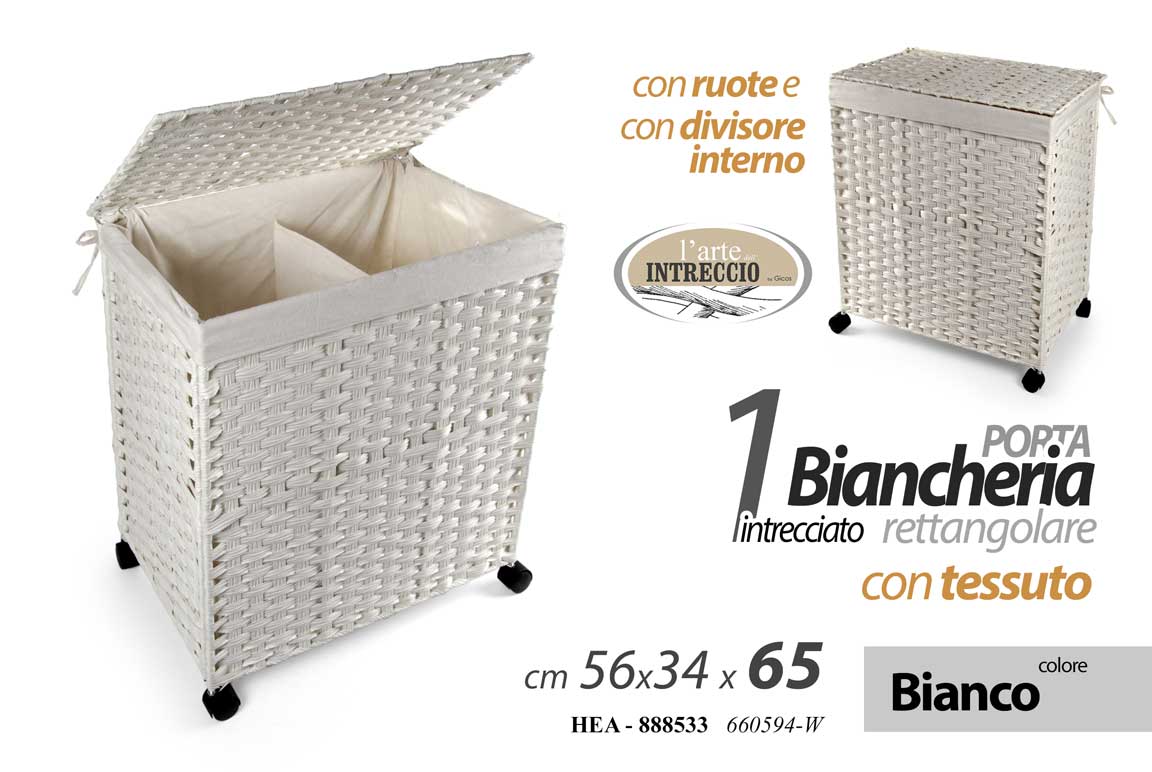 8025569888533 PORTABIANCHERIA RUOTE CESTA VESTITI 2 VANI CESTO TESSUTO INTRC BIANCO h65*56*34 - immagine 1