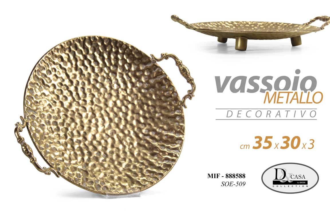 8025569888588 VASSOIO TONDO METALLO ANTICATO COLOR BRONZO ORO MANICI CLASSICO VINTAGE 35*30CM - immagine 1