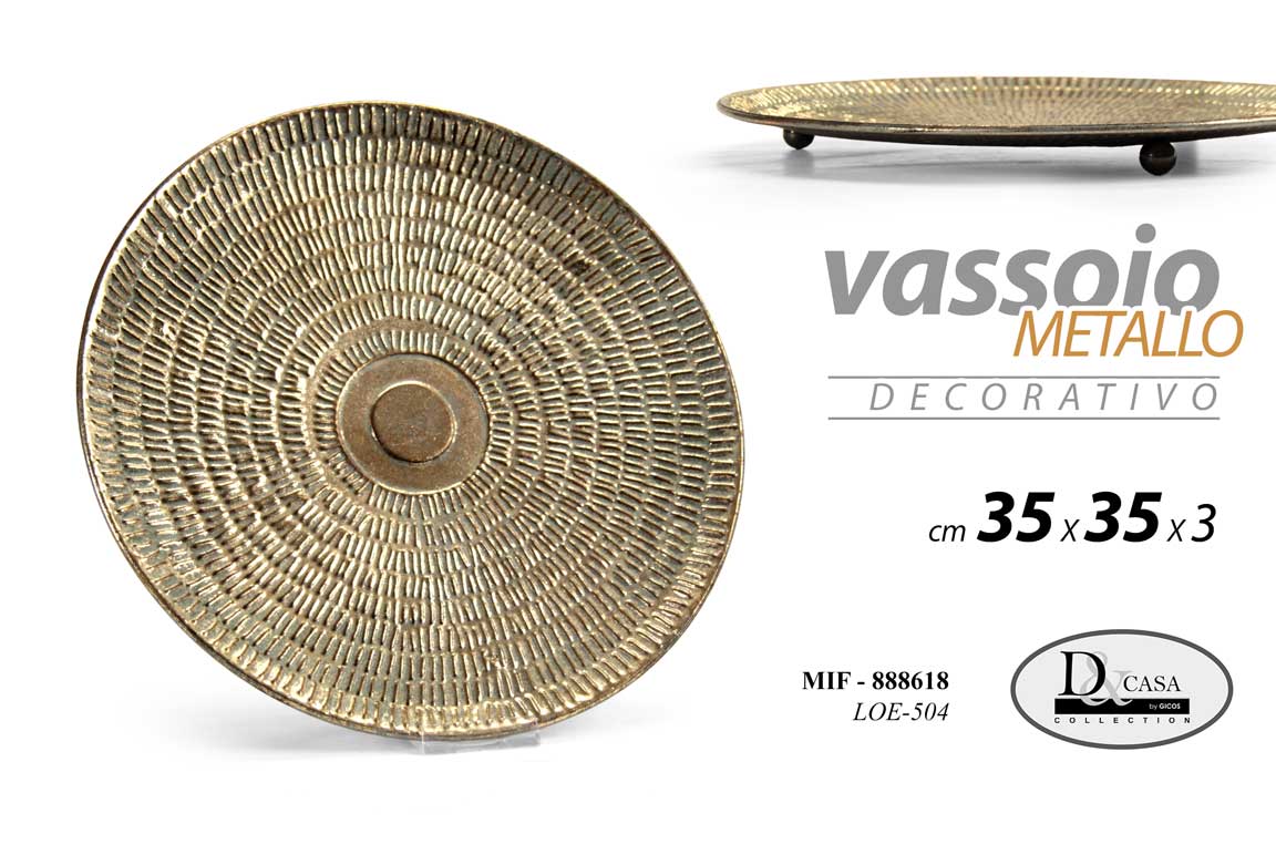 8025569888618 VASSOIO TONDO METALLO ANTICATO COLOR BRONZO ORO CLASSICO VINTAGE 35*35 CM - immagine 1