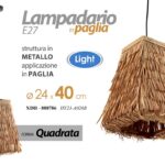 LAMPADARIO a Sospensione SOFFITTO METALLO NERO APPLIC PAGLIA E27 MAX40W 39*24cm
