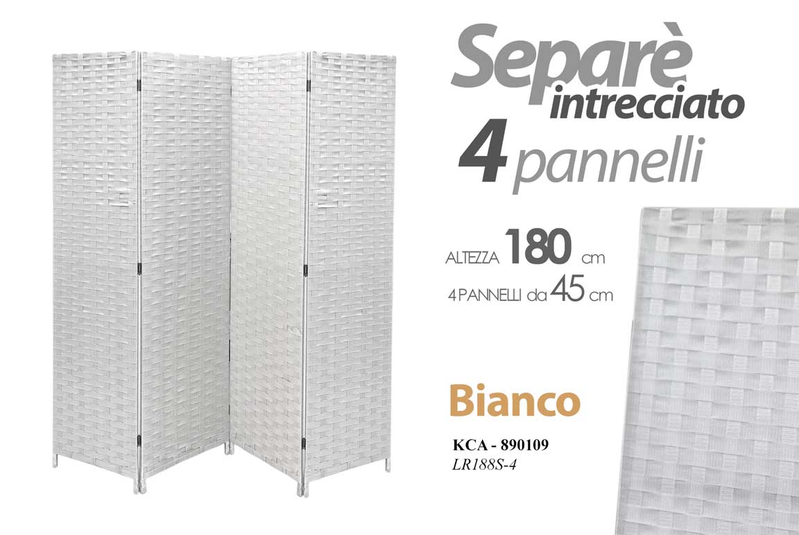 8025569890109 PARAVENTO SEPARè DIVISORIO METALLO BIANCO 4 PANNELLI PVC RATTAN VIMINI 180*135cm - immagine 1