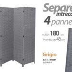 PARAVENTO SEPARè DIVISORIO METALLO GRIGIO 4 PANNELLI PVC RATTAN VIMINI h180*168
