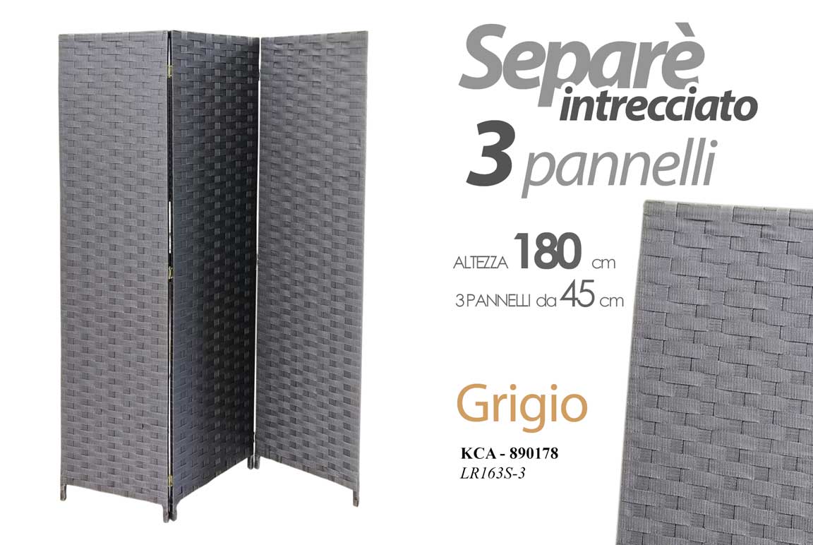 8025569890178 SEPARè PARAVENTO DIVISORIO METALLO 3 PANNELLI SEPARATORE VIMINI GRIGIO 180*135cm - immagine 1