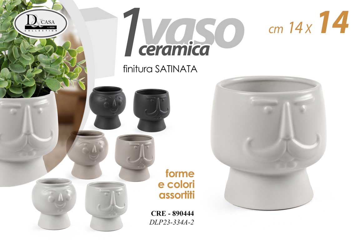 8025569890444 VASO CACHEPOT CERAMICA PIANTE GRASSE FIORI SEMI VIVAI TESTA VISO FACCIA 14*14cm - immagine 1