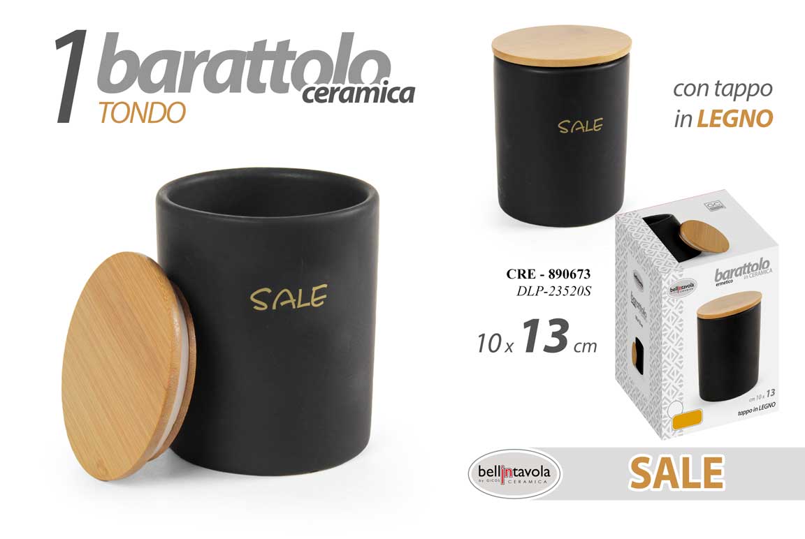 8025569890673 Barattolo sale tondo ceramica nero opaco tappo legno moderno cucina casa 13x10 - immagine 1