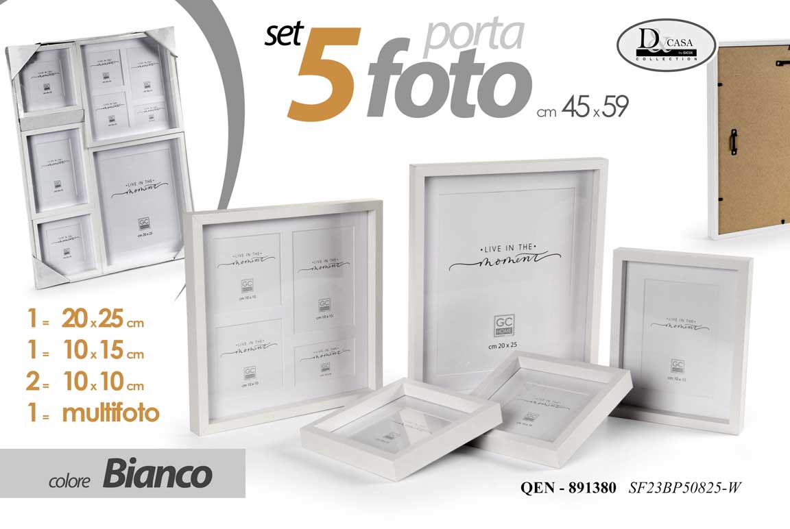 8025569891380 SET 5 CORNICE PORTAFOTO FOTO PARETE TAVOLO CLASSICO MODERNO LEGNO BIANCO 59*45 - immagine 1