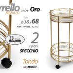 CARRELLO METALLO ORO 2 RIPIANI SPECCHIO LIQUORI ROTONDO ELEGANTE H68*38 cm