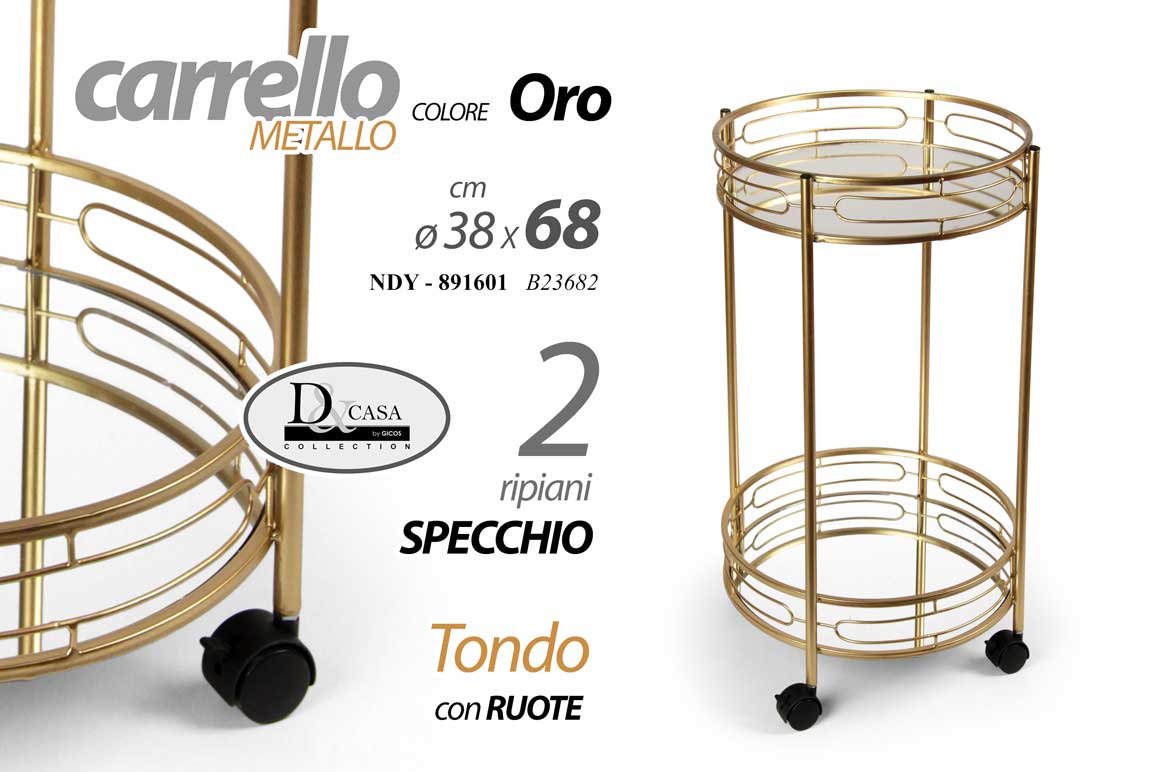 8025569891601 CARRELLO METALLO ORO 2 RIPIANI SPECCHIO LIQUORI ROTONDO ELEGANTE H68*38 cm - immagine 1