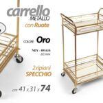 CARRELLO METALLO ORO RETTANGOLARE 2 RIPIANI SPECCHIO CON RUOTE h74*40*31 cm