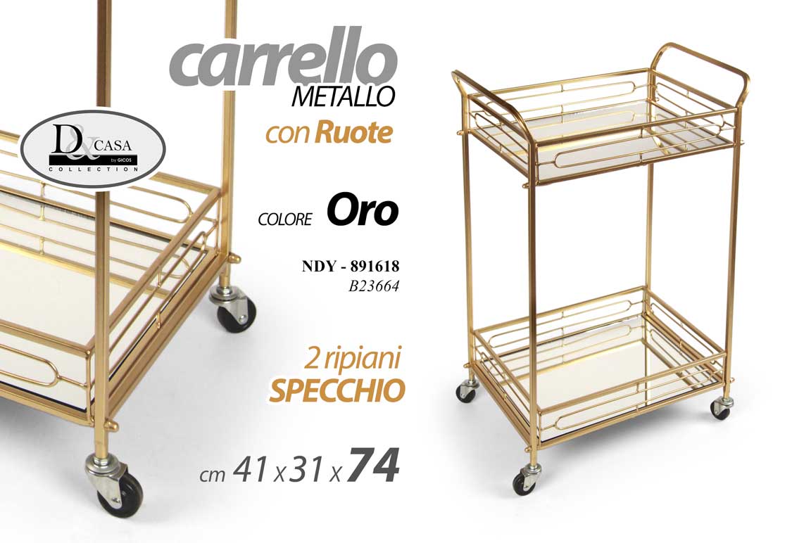 8025569891618 CARRELLO METALLO ORO RETTANGOLARE 2 RIPIANI SPECCHIO CON RUOTE h74*40*31 cm - immagine 1