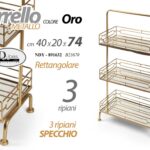 CARRELLO LIQUORI RETTANGOLARE METALLO ORO 3 PIANI SPECCHIO ELEGANTE H74*40*20 cm