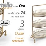 CARRELLO METALLO OVALE 3 RIPIANI SPECCHIO COLOR ORO MULTIUSO ARREDO h74*42*25