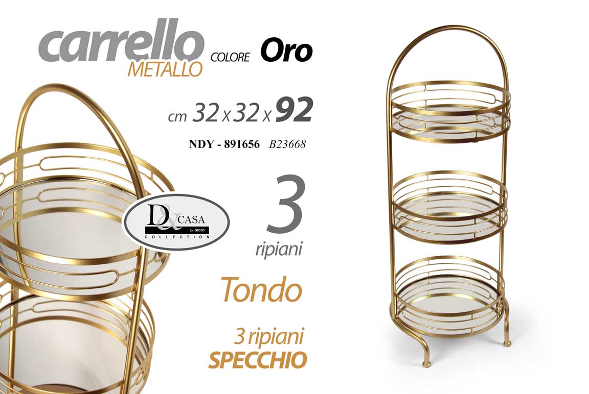 8025569891656 CARRELLO METALLO 3 RIPIANI SPECCHIO ROTONDO COLOR ORO MULTIUSO ARREDO h92*32*32 - immagine 1