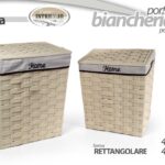 2 CESTE SET PORTABIANCHERIA CESTA BAGNO VESTITI CREMA VIMINI PVC TESSUTO H56/49