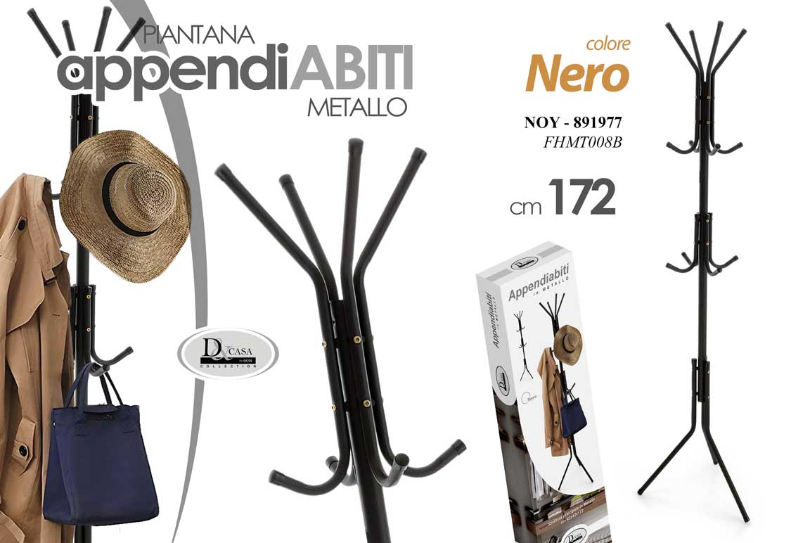 8025569891977 APPENDIABITI PIANTANA DA TERRA METALLO NERO PORTA BORSE CAPPELLIERA STAND 172*42 - immagine 1