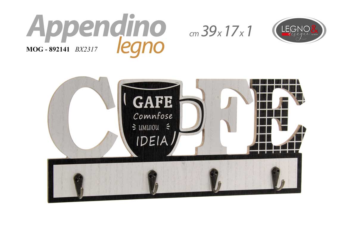 8025569892141 APPENDINO DECORAZIONE DA PARETE MURO CUCINA ARREDO LEGNO 4 GANCI CAFFE' 39*17CM - immagine 1