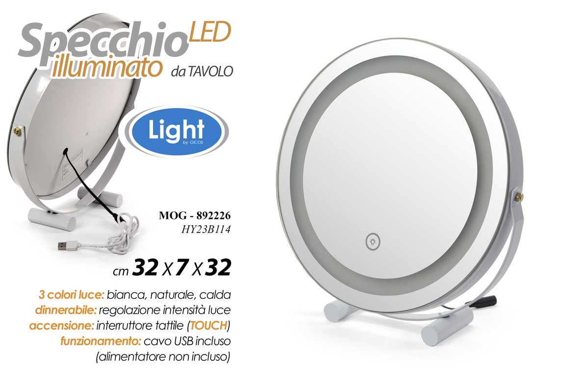 8025569892226 SPECCHIO DA TAVOLO TONDO BEAUTY TRUCCO LUCE LED DIMMERABILE TOUCH USB 32*32*7 - immagine 1