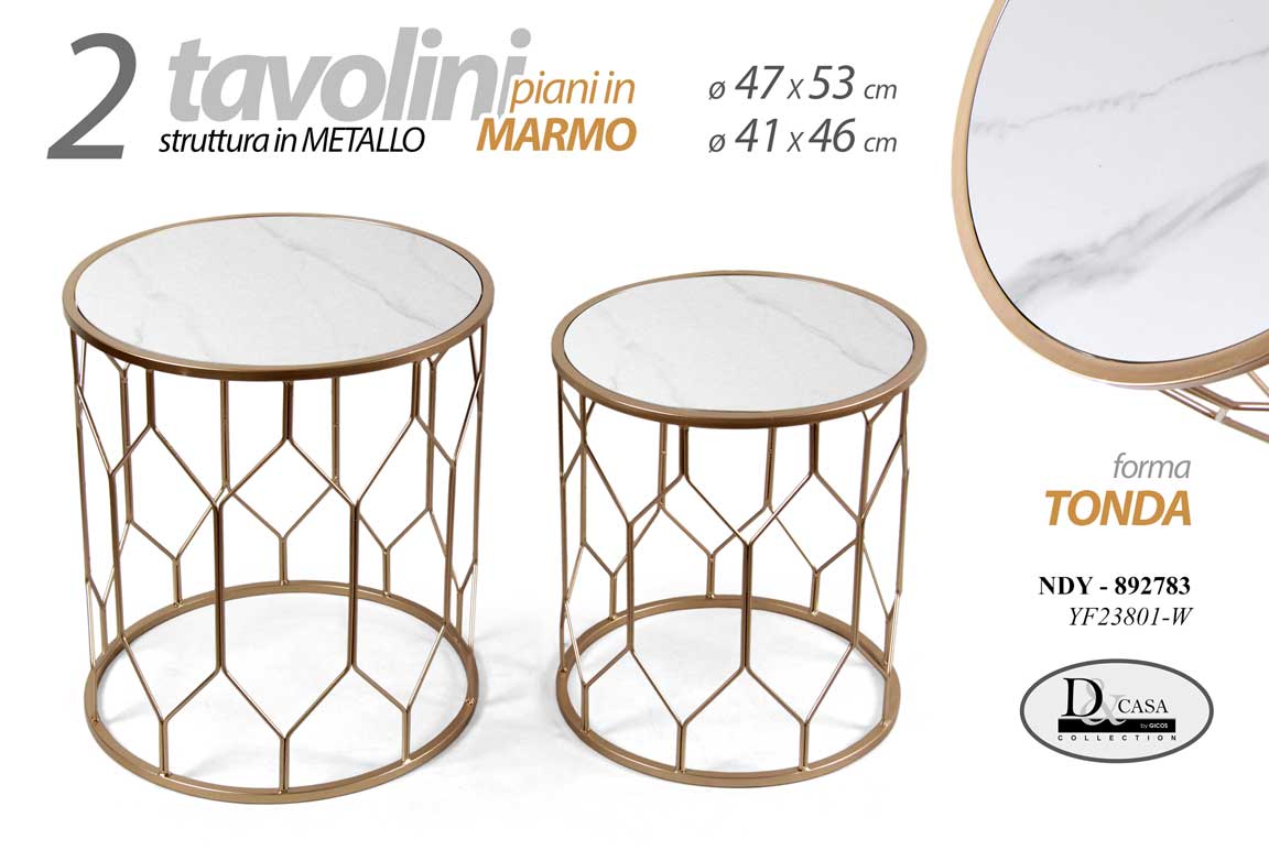 8025569892783 SET 2 TAVOLINI METALLO ORO PIANO MARMO BIANCO TAVOLO MODERNO CAFFè DIVANO h53-46 - immagine 1