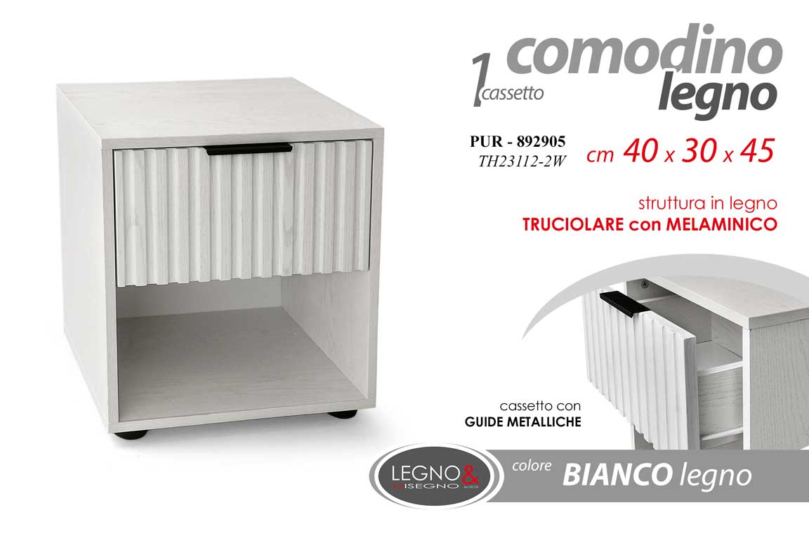8025569892905 COMODINO CHIC CAMERA LETTO MODERNO CASSETTO RIPIANO BIANCO LEGNO 40*30*H45CM - immagine 1