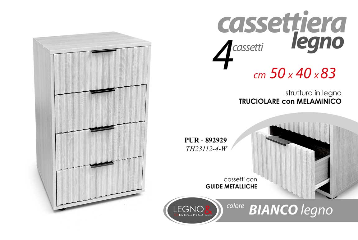 8025569892929 CASSETTIERA SETTIMINO 4 CASSETTI LEGNO BIANCO MODERNO SALVASPAZIO 83*50*40 cm - immagine 1