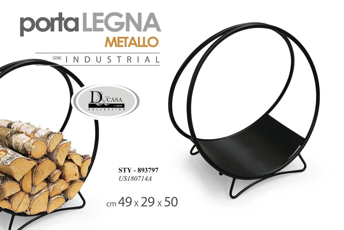 8025569893797 PORTA LEGNA TONDO BRUCIALEGNA POGGIALEGNA CAMINO STUFA METALLO NERO 49*29*50 cm - immagine 1