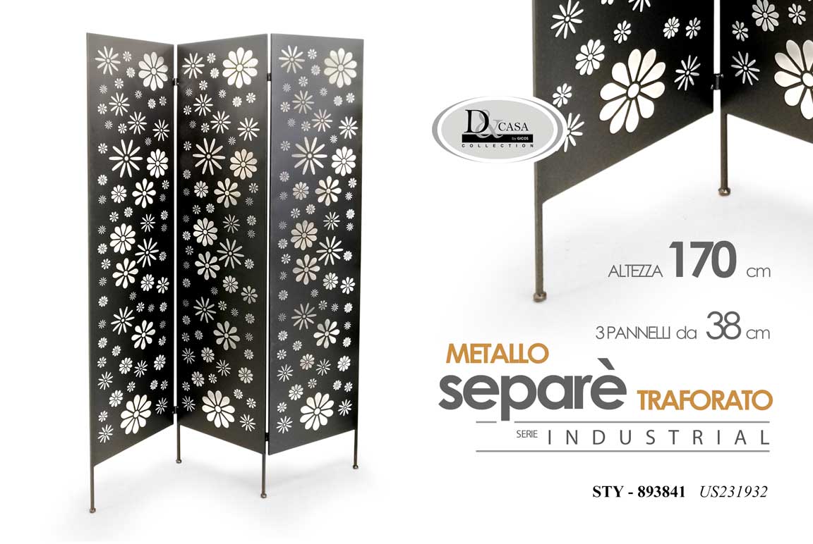 8025569893841 SEPARè PARAVENTO DIVISORIO NERO 3 PANNELLI METALLO FIORI FLOREALE 116*4,5*h170cm - immagine 1