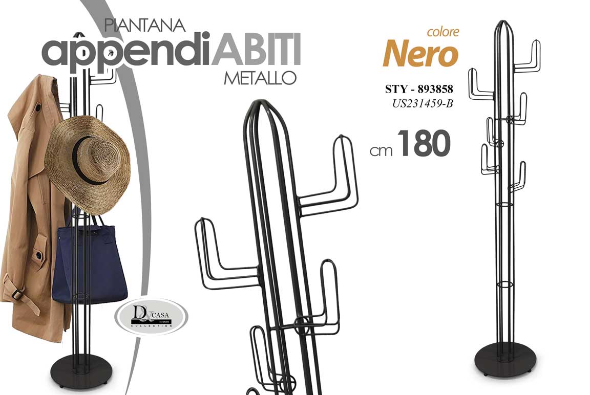 8025569893858 APPENDIABITI ALBERO VERTICALE ATTACCAPANNI DA TERRA PIANTANA METALLO NERO 180cm - immagine 1