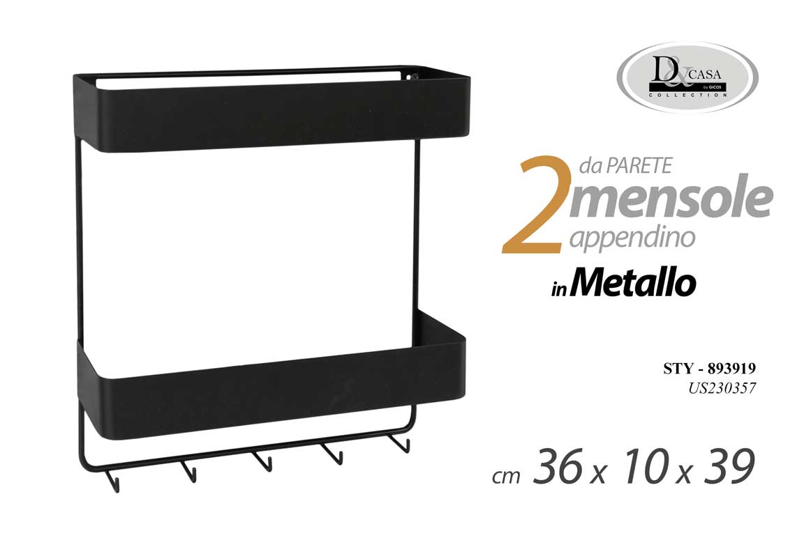 8025569893919 Attaccapanni APPENDIABITI DA PARETE 2 MENSOLE APPENDINO GANCI MODERNO 36*10*39cm - immagine 1