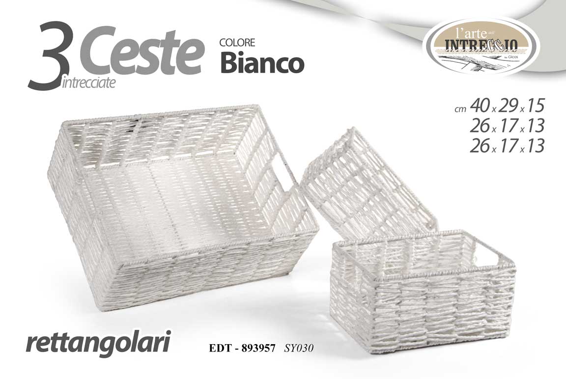 8025569893957 SET 3 MAXI CESTE INTRECCIO RETTANGOLARI METALLO BIANCO CESTA OGGETTI ACCESSORI - immagine 1