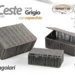 3 CESTINI RETTANGOLARI ORGANIZER PORTA OGGETTI GRIGIO COPERCHIO METALLO INTRECCIO