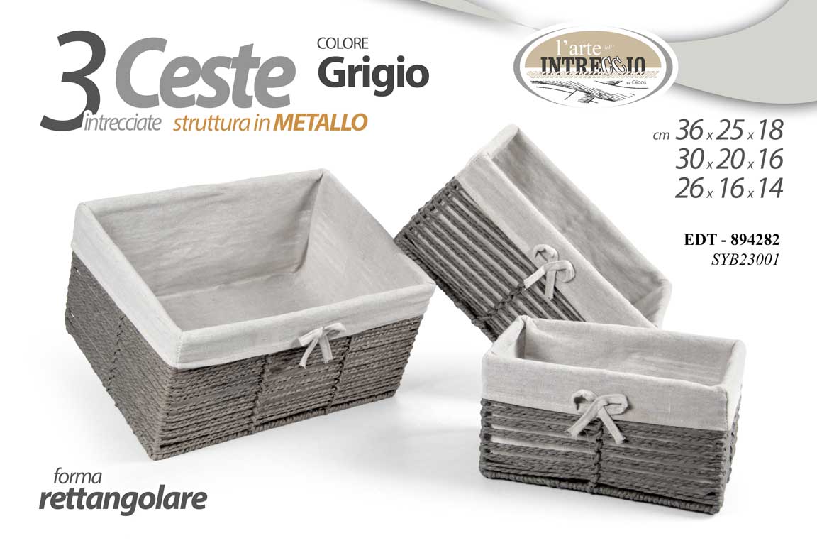 8025569894282 3 CESTINI RETTANGOLARI GRIGIO TELAIO METALLO TESSUTO CUCINA BAGNO SALOTTO ARREDO - immagine 1