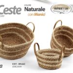 3 CESTE TONDE CON MANICO CESTA ACCESSORI CUCINA BAGNO METALLO INTRECCIO NATURALE